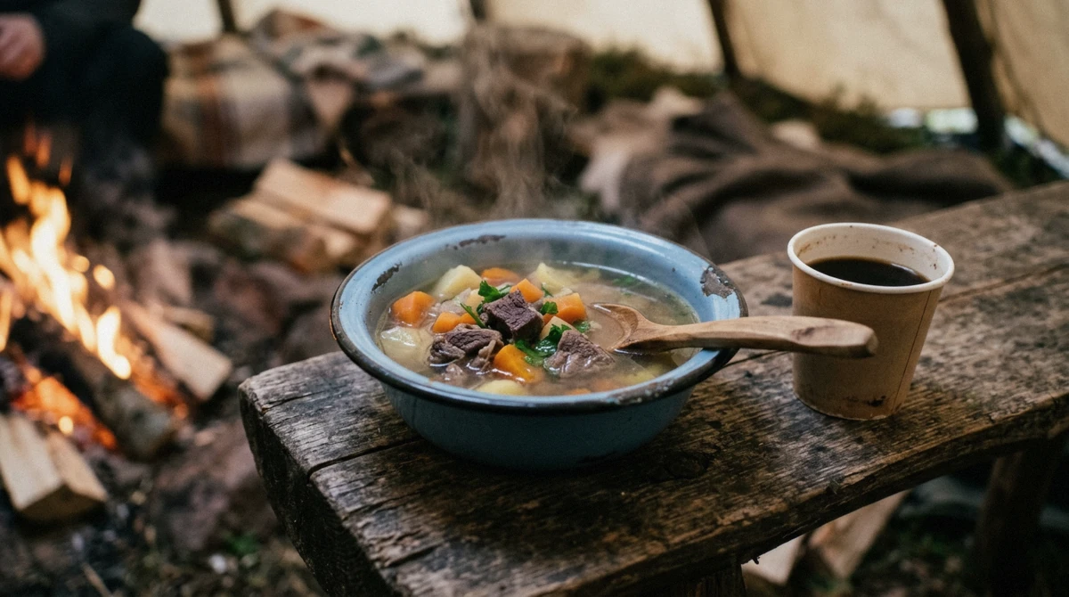 A bowl of bidos reindeer stew by the fire, the lunch on a Sámi-guided Tromso reindeer sledding tour