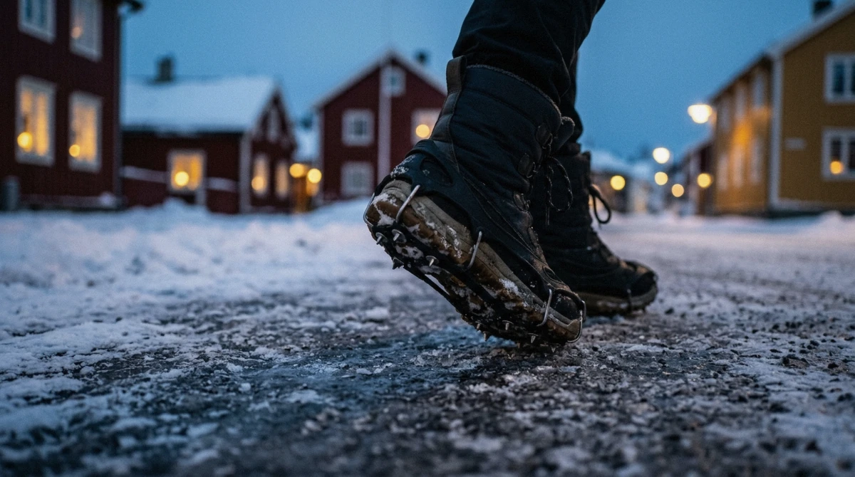 Winter boots with ice grips on an icy Tromsø pavement, worth packing before Tromso reindeer sledding