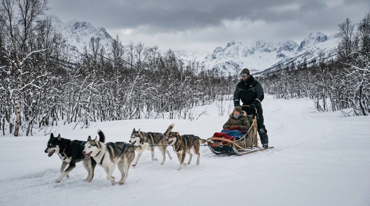 A visitor driving a husky team on a snowy trail near Tromsø, the self-drive alternative to Tromso reindeer sledding