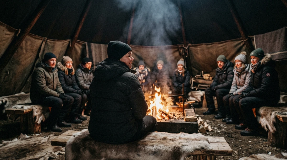 A guide singing a joik by the fire inside a lavvu, part of Sámi culture on Tromso reindeer sledding tours