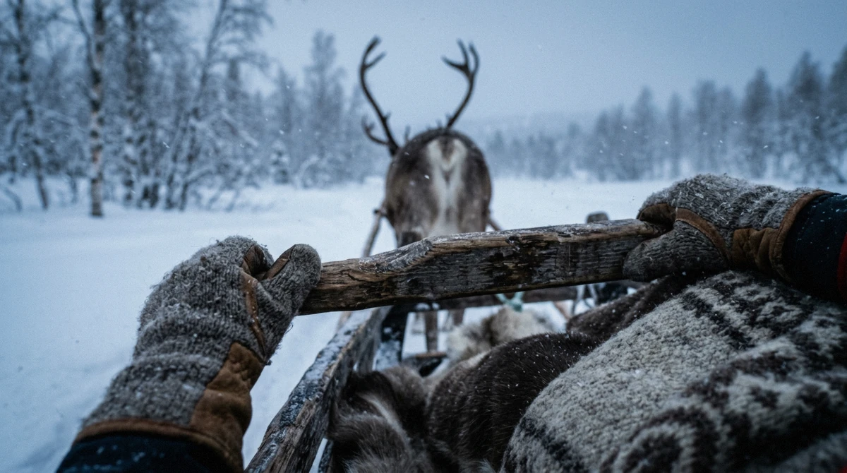 Mittened hands holding the edge of a reindeer sled under a reindeer skin on a Tromso reindeer sledding tour