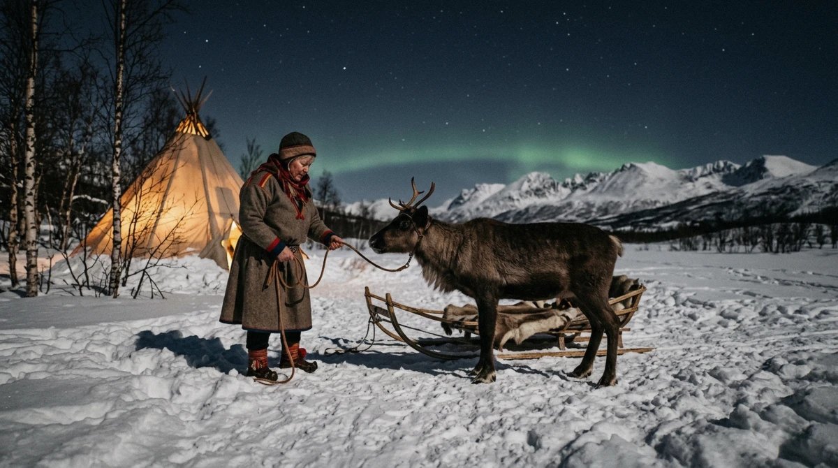 A reindeer and sled under a faint aurora at a camp outside Tromsø on a night Tromso reindeer sledding tour