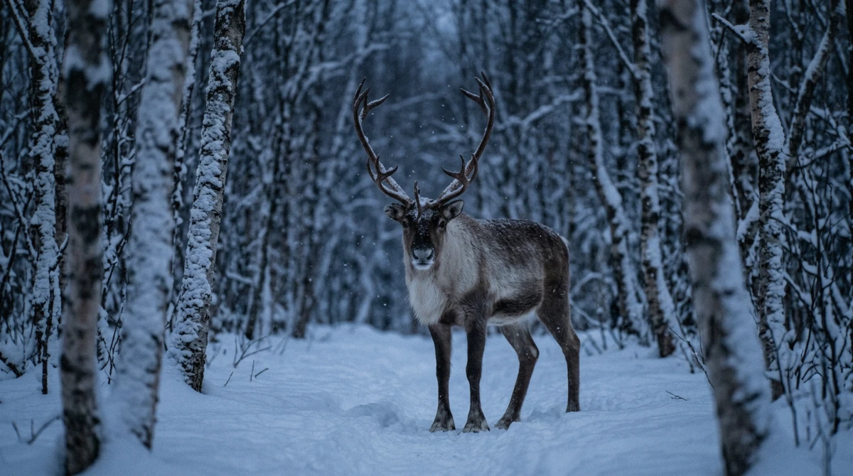 A reindeer among snowy birch trees in blue twilight near Tromsø, the animal children meet on Tromso reindeer sledding