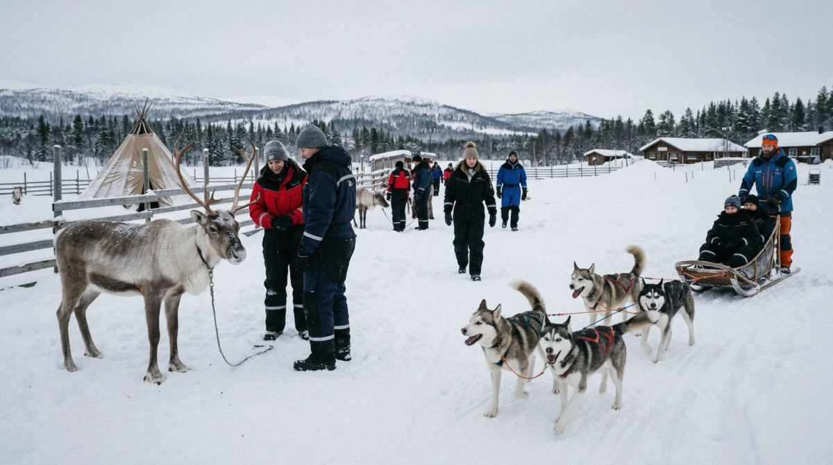 A calm reindeer and an eager husky team at a winter camp, the choice between husky and Tromso reindeer sledding