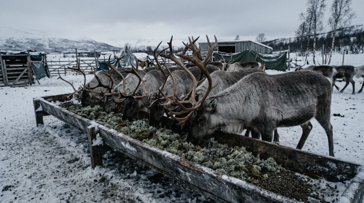 Reindeer eating lichen and pellets at a wooden trough in the snow, the feeding behind Tromso reindeer sledding camps