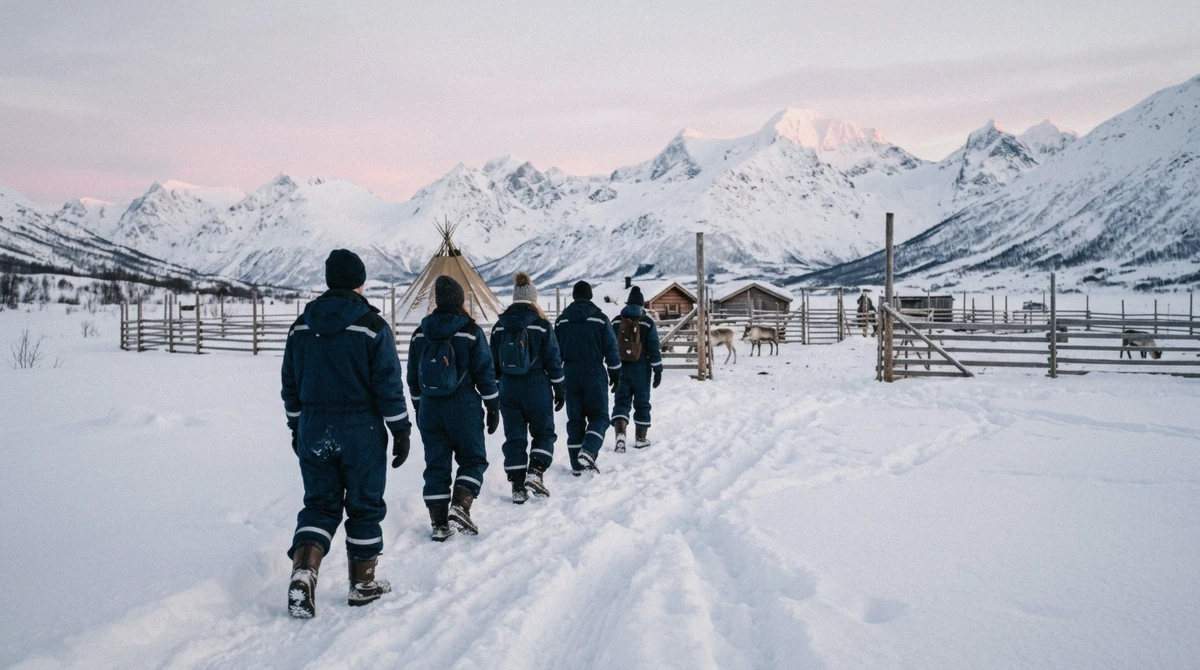 Visitors in thermal suits walking through deep snow at a camp, the gear lent on some Tromso reindeer sledding tours