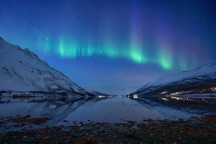 Northern lights over a winter camp after a reindeer visit on a Tromso reindeer and aurora tour