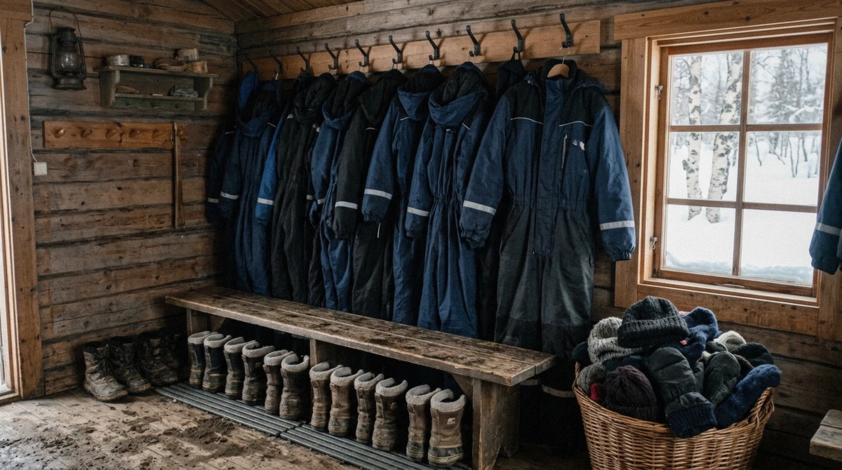 Thermal suits and winter boots ready for guests at an Arctic camp on a Tromso reindeer sledding day