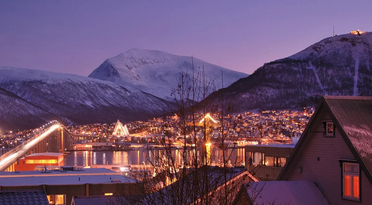 Tromsø in the blue light of an early afternoon in the polar night, the season for Tromso reindeer sledding
