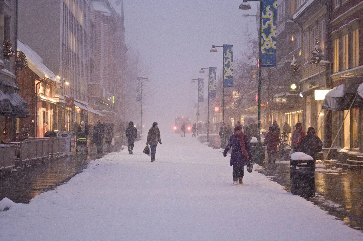 Snow falling on Storgata in central Tromsø on a winter day, the season for Tromso reindeer sledding